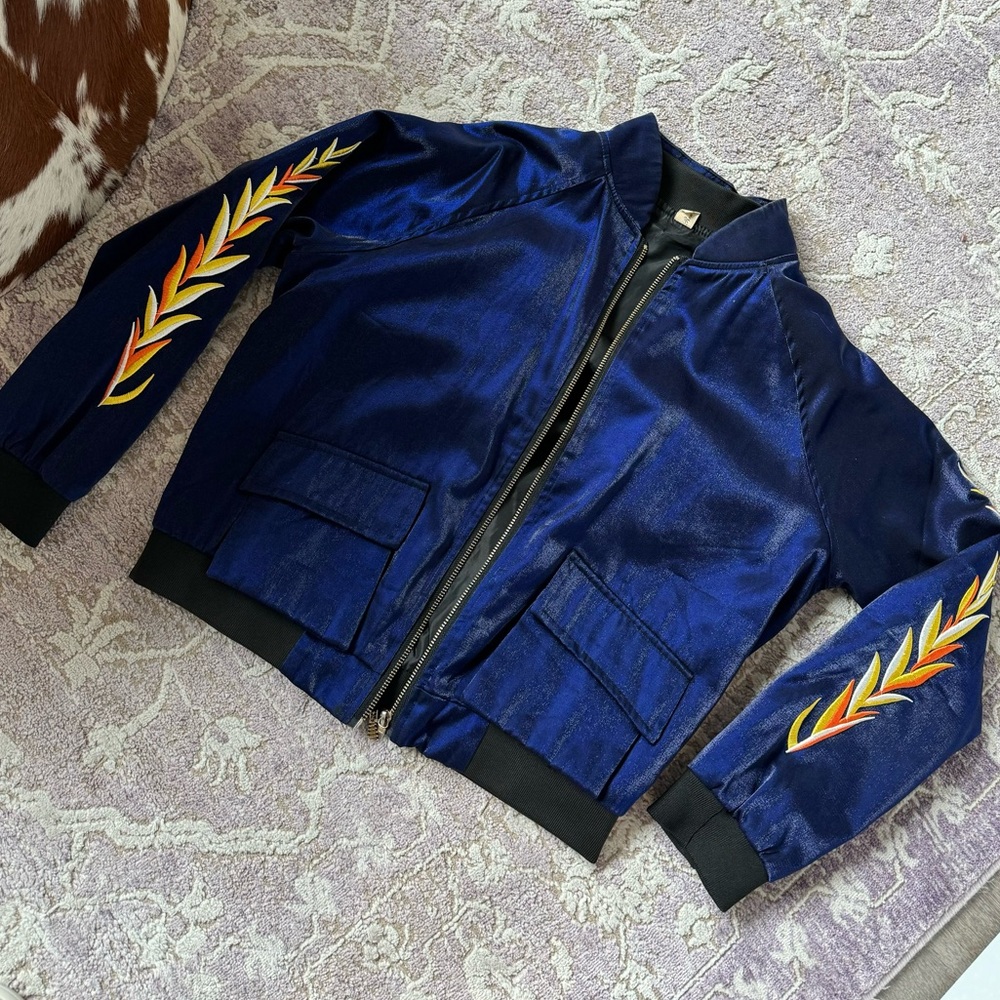 Navy Satin Bomber Jacket with Embroidered Sleeve Detail